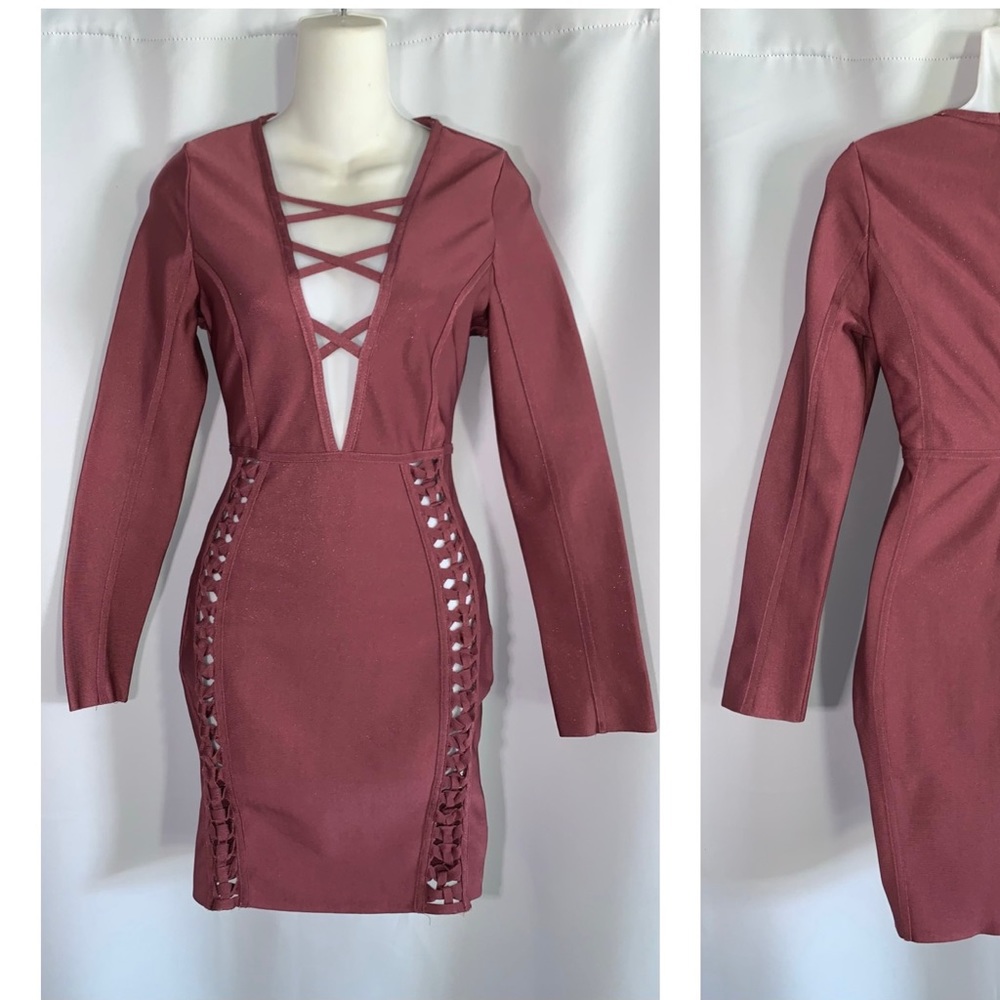 Fashion Nova Mauve Pink cut out peekaboo Lace-Up Deep-V Bodycon Dress M